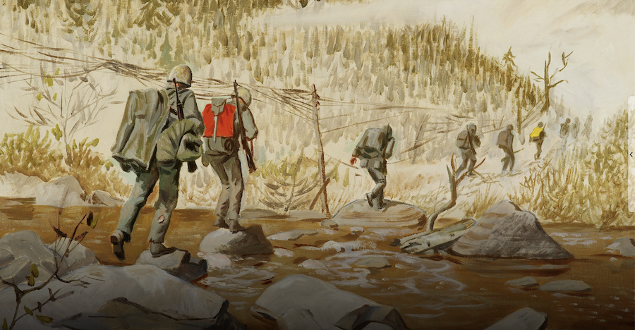 painting of soldiers fording a stream