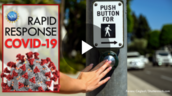A hand pushing a button to on a pole to activate a cross walk.