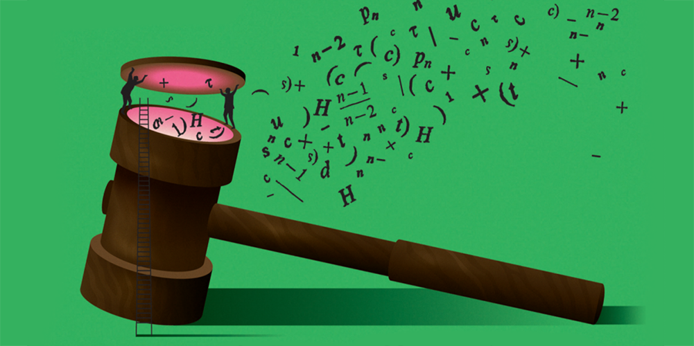 An illustration of two small figures lifting off a piece of an auctioneer's gavel, releasing numbers and equations.