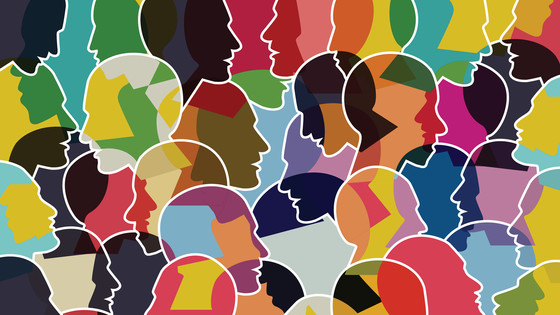 Illustration showing outlines of many human heads in profile against a diverse backdrop of colors and shapes.