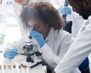 A scientist observes a sample under a microscope