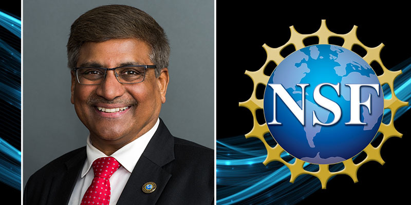 A portrait of NSF Director Sethuraman Panchanathan with the NSF logo and an abstract blue swoosh.