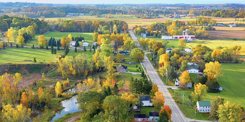 Aerial shot of a small rural community.
