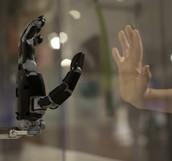 a robotic hand and human hand reach towards each other
