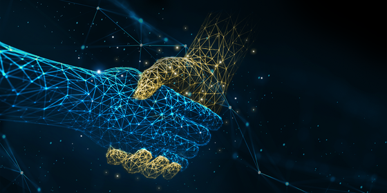 Abstract illustration of a hand shake in a style suggesting digital networks.