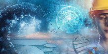 A collage of images suggesting scientific research including equations, a human brain and a person wearing safety glasses