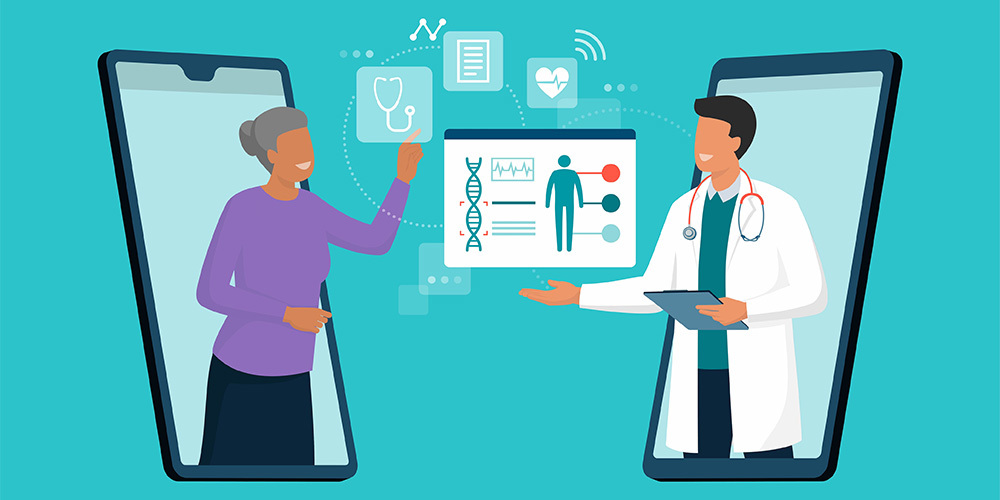 Illustration showing a person receiving health guidance electronically from a doctor.