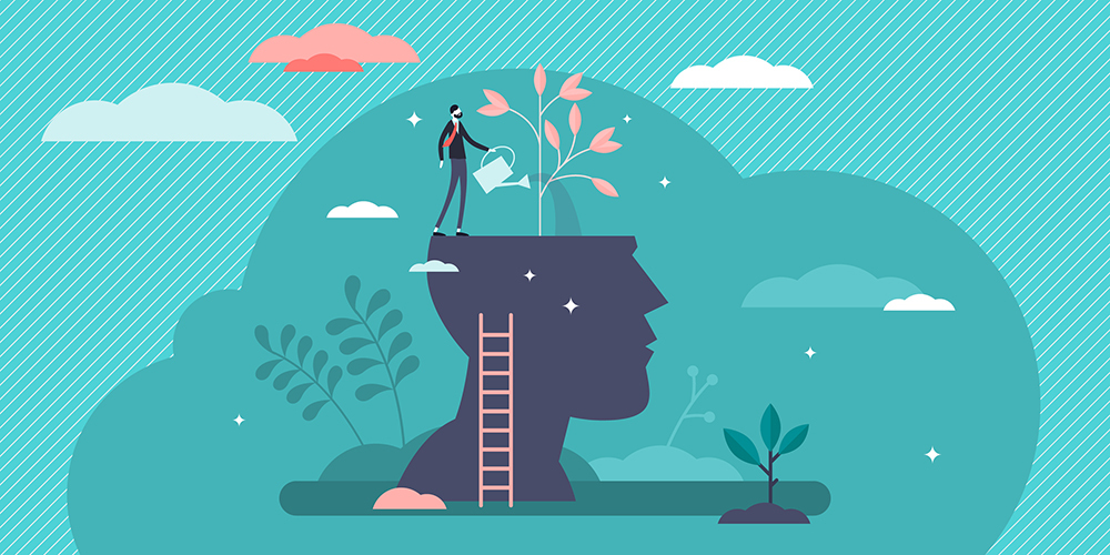 Illustration of a person watering a tree that is growing out of the top of a large head.