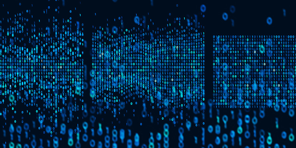 Illustration of binary code fragmenting into the surroundings.