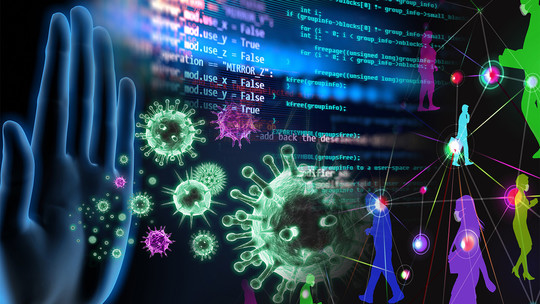 A collage of images including a hand, illustrations of viruses, computer code and people connected by lines