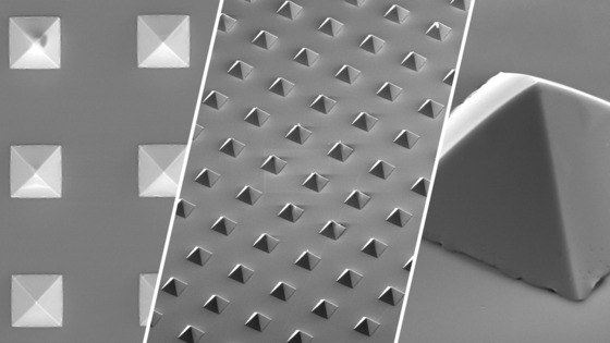 Three views of pyramid-shaped microscopic polymer pen arrays used to study mechanochemical reactions. 