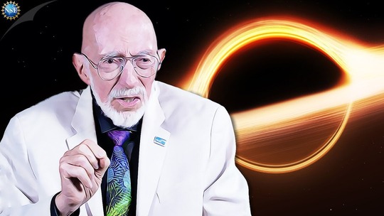 Stylized illustration of Kip Thorne against a black hole.