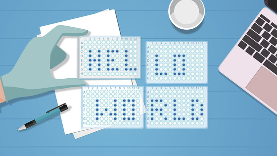 Illustration of a hand holding a 96-well plate next to three other plates. Blue liquid in the plates spell out the words "HELLO WORLD."