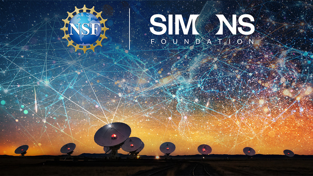 NSF and Simons Foundation logos on image of radio telescopes beneath sky filled with lines, dots and other imagery in the sky suggesting AI