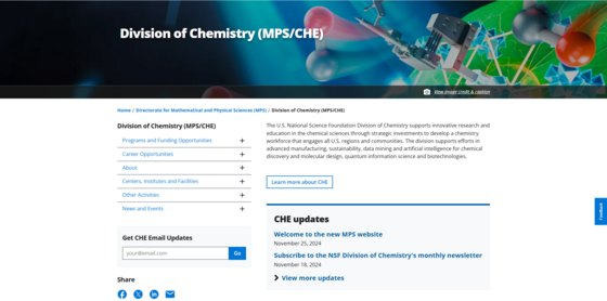 Screenshot of the new NSF CHE website's homepage