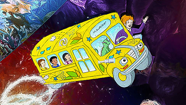 A cartoon of three kids in a colorful yellow school bus