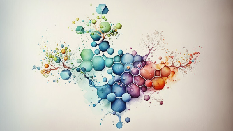 Image of a molecular done in a rainbow watercolor style