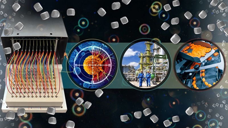 A collage showing microscopic nanocrystals and images representing cancer treatment, chemical manufacturing and pharmaceutical production