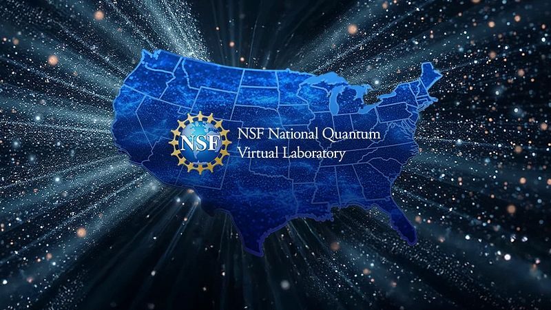 NSF logo and words superimposed on a stylized map of the U.S. with rays and particles emerging from it.