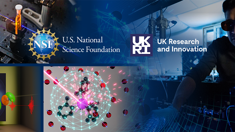 NSF and UKRI logos superimposed on a collage of images showing different sorts of scientific research