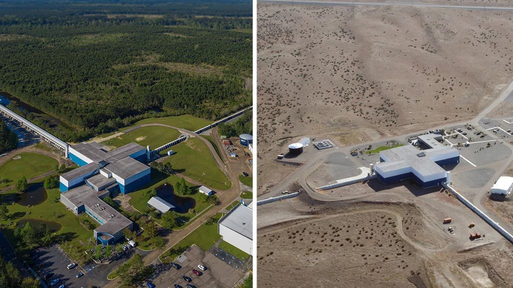 NSF LIGO detectors in Livingston, Louisiana and Hanford, Washington viewed from the air