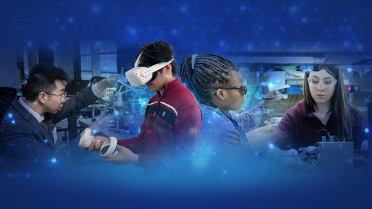 Collage showing students of various ages engaging with AI