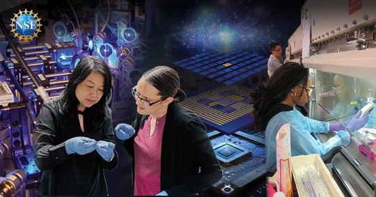 Left: two researchers wearing gloves looking at a small item; Right: two researchers working in lab wearing protective gear