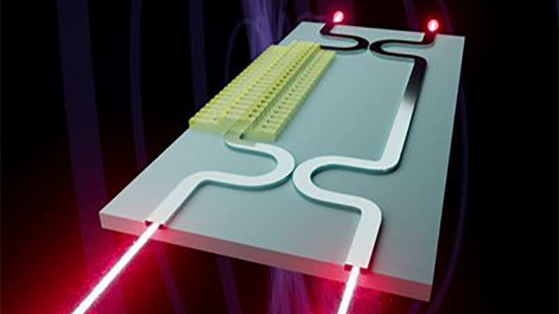Illustration of chip-based magnetometer that changes optical properties in response to a magnetic field. 