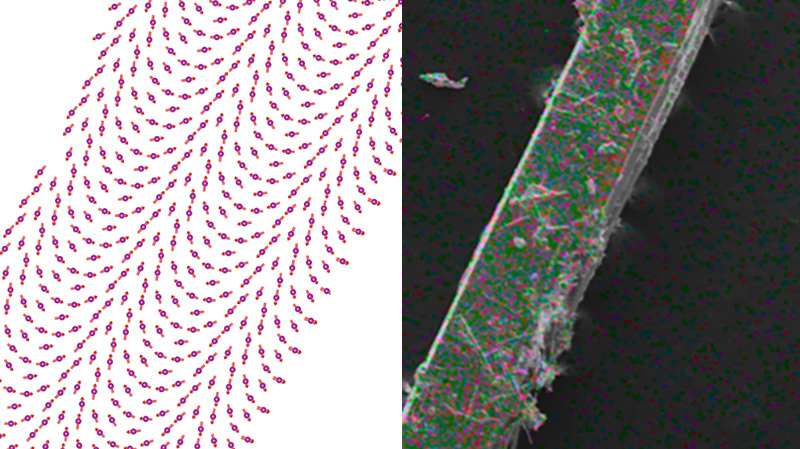 Pattern of repeating swirls of magnetic fields  (left) and material captured with a scanning electron microscope.