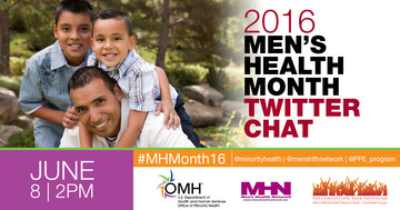 Image of man playing with sons. Men's Health Month Twitter Chat. June 8 at 2 pm. OMH logo. Men's Health Network Logo Preconception Peer Educators logo