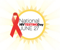 National HIV Testing Day June 27. Illustration of sun with red HIV/AIDS awareness ribbon.