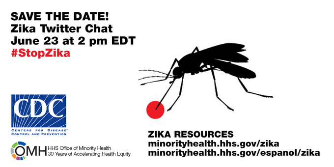 Image of mosquito. Save the date. Zika Twitter Chat. June 8 at 2 pm EDT #StopZika Zika resources on OMH website www.minorityhealth.hhs.gov