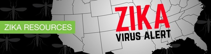 zika resources. map of us in black and white with image of mosquito. zika alert.
