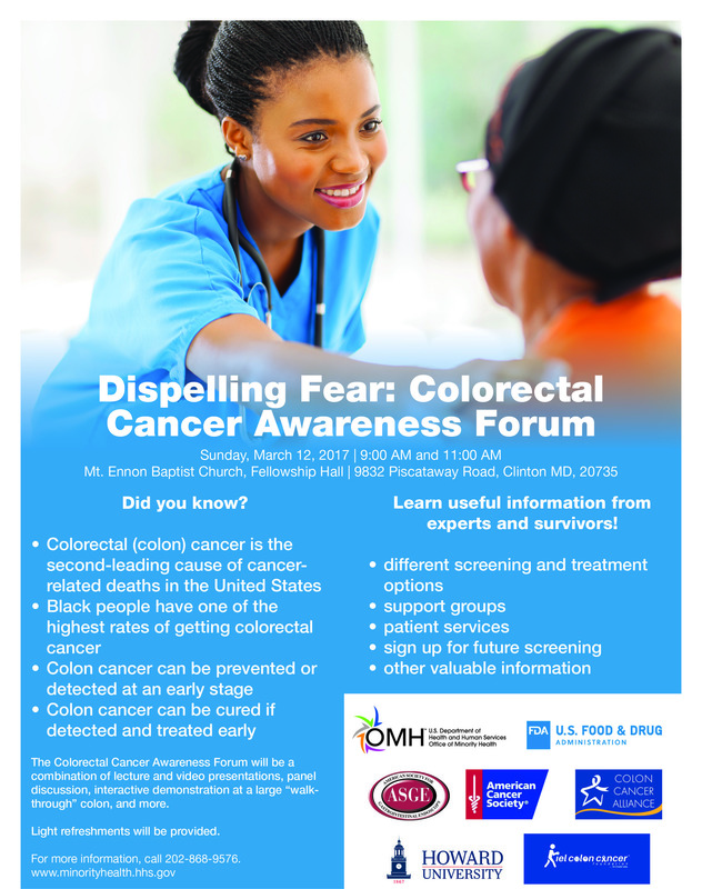 Dispelling Fear: Colorectal Cancer Awareness Forum, March 12, 9 am and 11:30 am, Mt Ennon Baptist Church, Clinton, MD