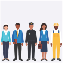 Image shows 5 illustrated workers (health professional, business man, police officer, business woman, and construction worker)