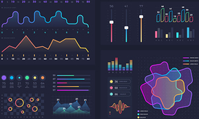 Image shows varied, brightly coloured graphs, charts, and other visualisation tools 