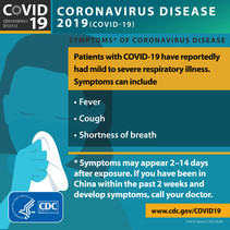 COVID-19 symptoms include cough, fever and shortness of breath. CDC.