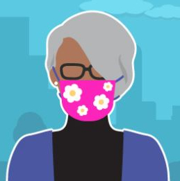 Illustration shows an older woman of colour wearing a mask