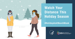 Watch Your Distance This Holiday Season. #HolidayAskWearAMask. HHS OMH. 