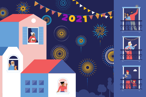 Illustration shows people celebrating New Year's inside their apartments and homes.