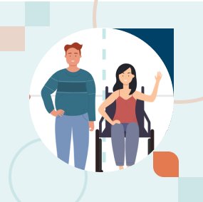 Illustration shows a man standing next to a woman who uses a wheelchair. 