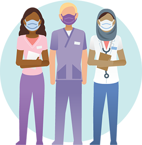 Illustration shows three health professionals, a Black woman, a white man and a Muslim woman