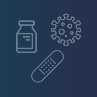 Illustration shows the COVID-19 model, a vaccine vial and an adhesive bandage