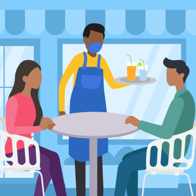 Illustration shows 2 vaccinated people dining outside, unmasked, as well as a masked waiter. 
