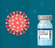 Illustration shows a stylized COVID-19 model and vaccine vial