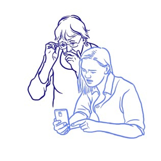 Illustration of a young woman and an older woman; they look concerned as they read health misinformation