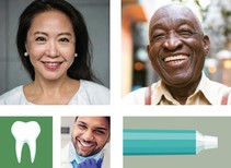 Image shows an Asian woman, a Black man, and a Latino doctor, as well as illustrations of a tooth and toothpaste.  