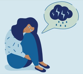 Illustration shows a sad girl dressed in blue