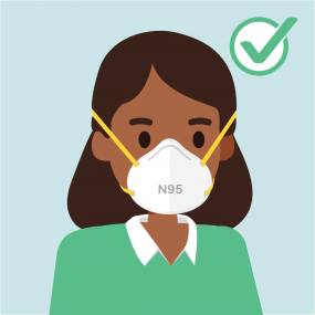 Illustration shows a Black woman wearing an N95 respirator mask