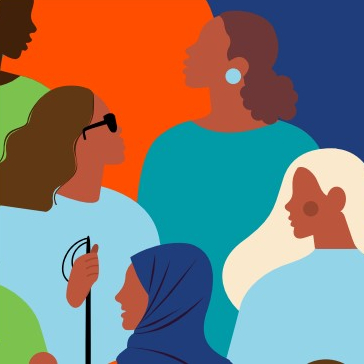 Illustration shows several women, including Black women, a woman who is blind, and a Muslim woman